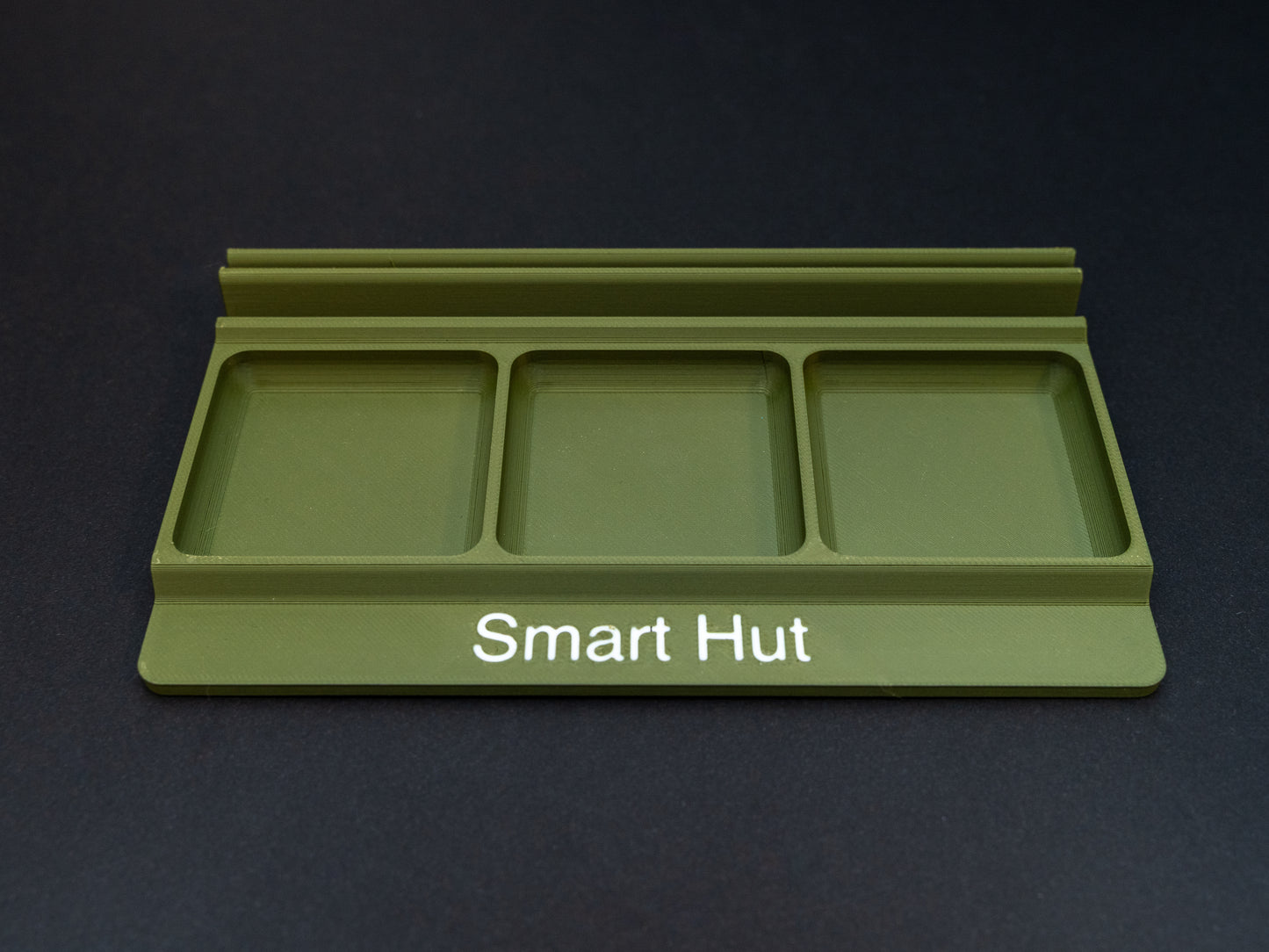 Olive Green board game card and token holder organiser with 2 rows for cards and 3 trays for tokens. Has space at the front for personalisation photo shows white text, Suitable for a range of board games such as Wingspan, Wyrmspan, Finspan and many more.