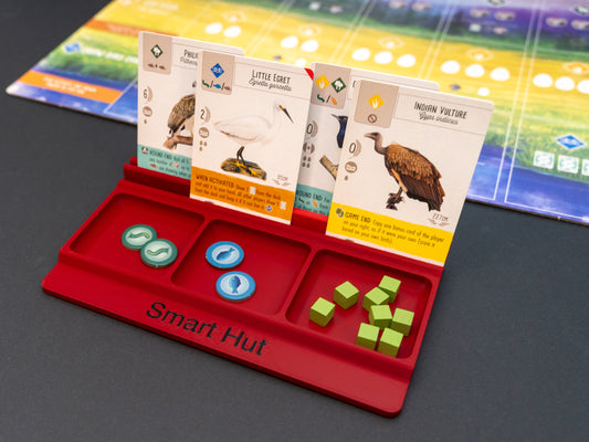 Maroon red board game card and token holder organiser with 2 rows for cards and 3 trays for tokens. Suitable for a range of board games such as Wingspan, Wyrmspan, Finspan and many more.