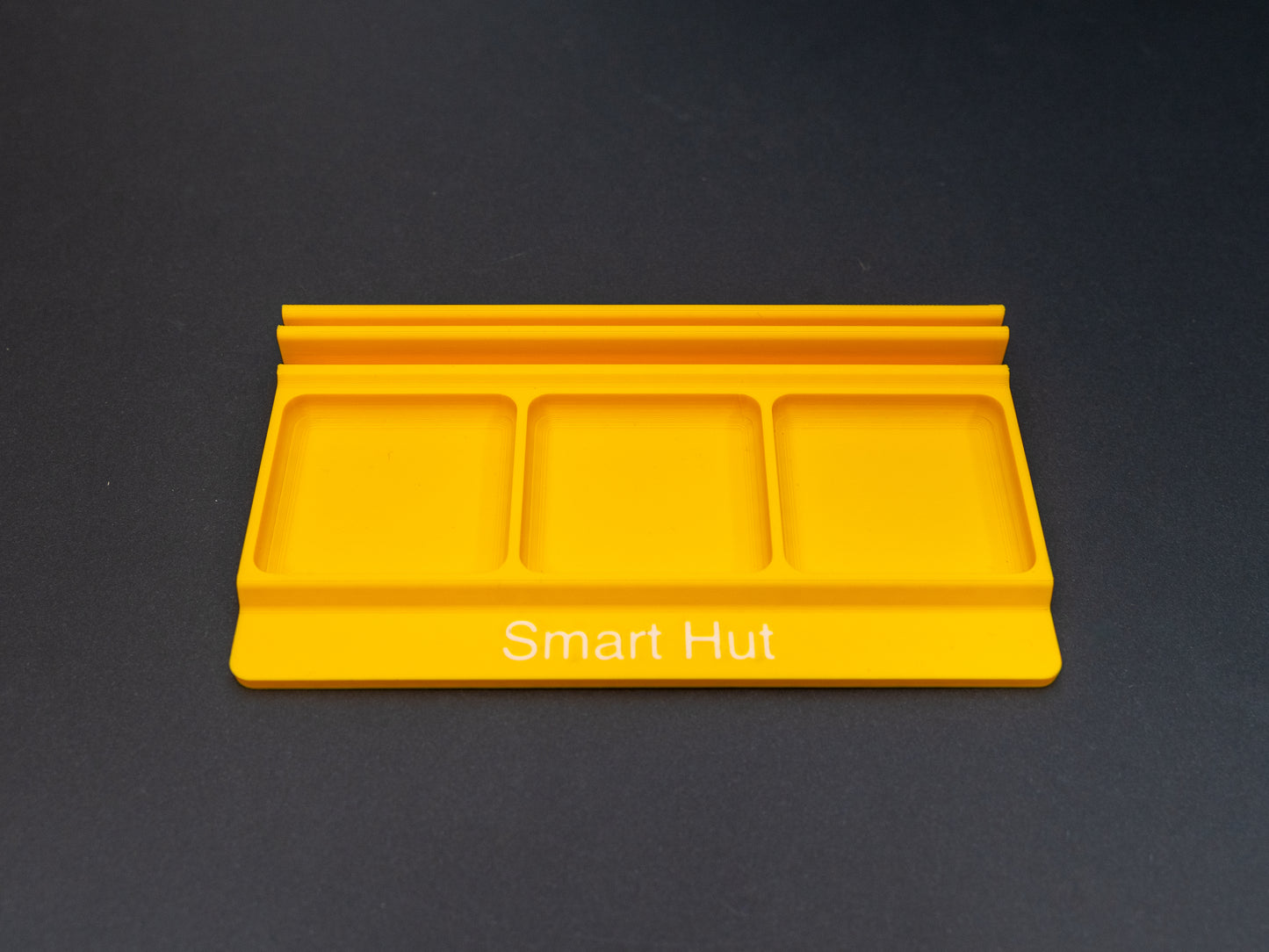 Yellow board game card and token holder organiser with 2 rows for cards and 3 trays for tokens. Has space at the front for personalisation photo shows white text, Suitable for a range of board games such as Wingspan, Wyrmspan, Finspan and many more.