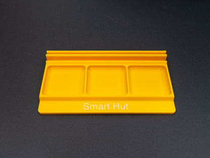 Yellow board game card and token holder organiser with 2 rows for cards and 3 trays for tokens. Has space at the front for personalisation photo shows white text, Suitable for a range of board games such as Wingspan, Wyrmspan, Finspan and many more.