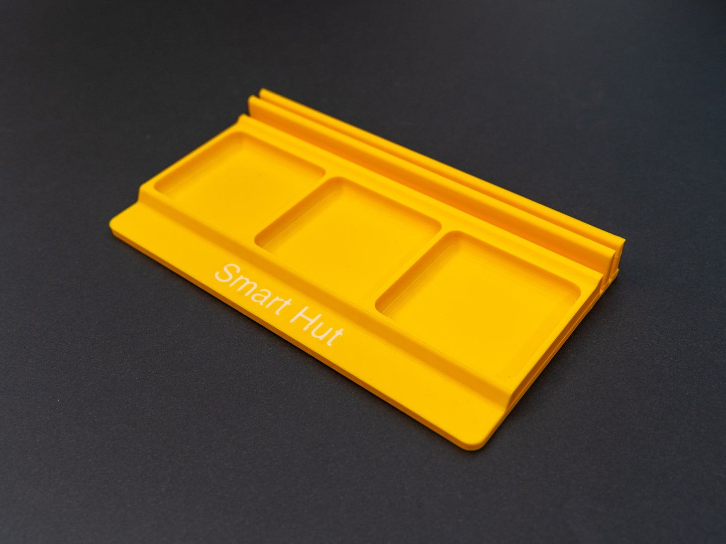Yellow board game card and token holder organiser with 2 rows for cards and 3 trays for tokens. Has space at the front for personalisation photo shows white text, Suitable for a range of board games such as Wingspan, Wyrmspan, Finspan and many more.