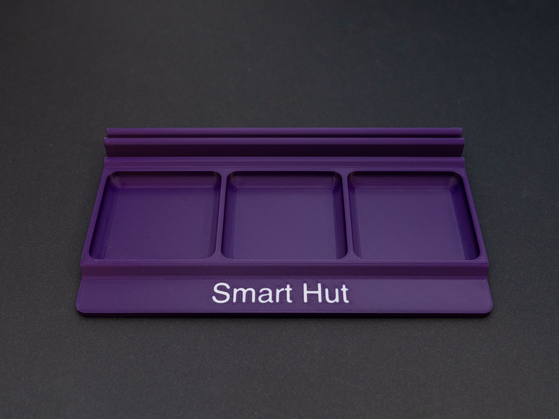 Indigo purple board game card and token holder organiser with 2 rows for cards and 3 trays for tokens. Has space at the front for personalisation photo shows white text, Suitable for a range of board games such as Wingspan, Wyrmspan, Finspan and many more.