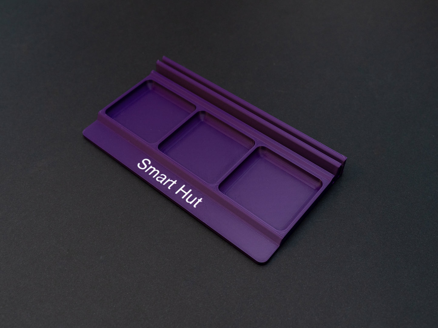 Indigo purple board game card and token holder organiser with 2 rows for cards and 3 trays for tokens. Has space at the front for personalisation photo shows white text, Suitable for a range of board games such as Wingspan, Wyrmspan, Finspan and many more.