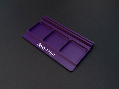 Indigo purple board game card and token holder organiser with 2 rows for cards and 3 trays for tokens. Has space at the front for personalisation photo shows white text, Suitable for a range of board games such as Wingspan, Wyrmspan, Finspan and many more.