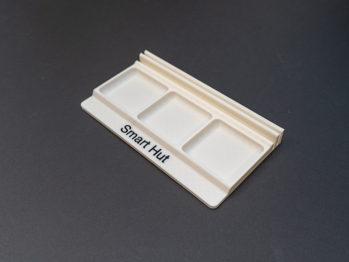 White board game card and token holder organiser with 2 rows for cards and 3 trays for tokens. Has space at the front for personalisation photo shows black text, Suitable for a range of board games such as Wingspan, Wyrmspan, Finspan and many more.
