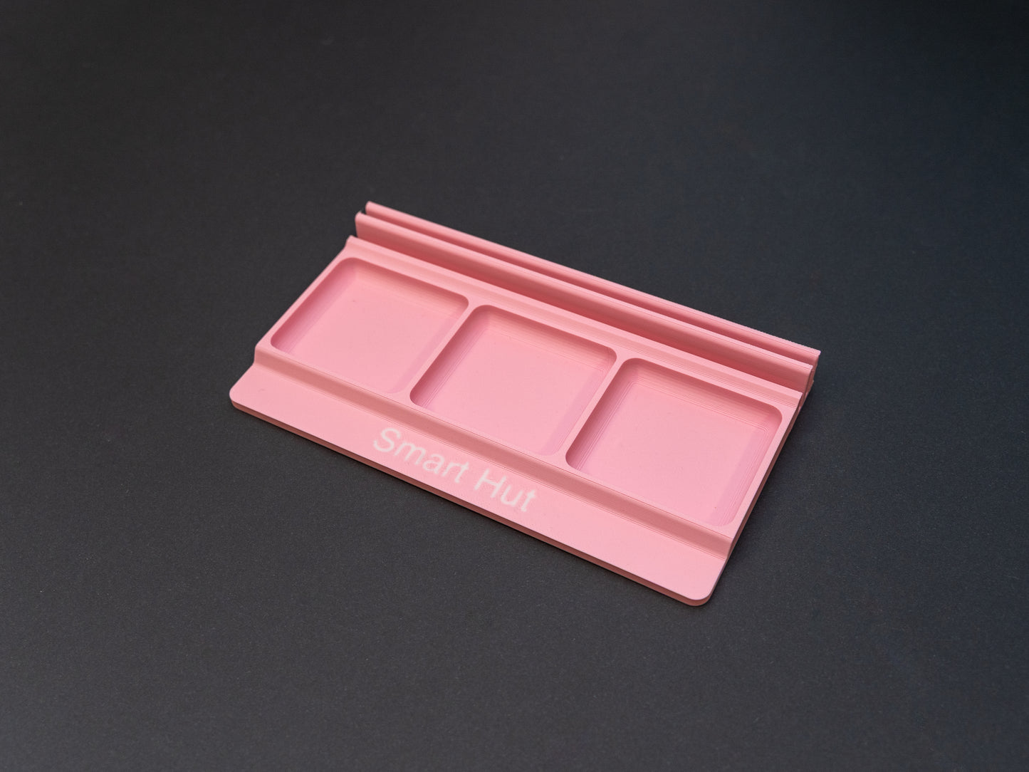 Pink board game card and token holder organiser with 2 rows for cards and 3 trays for tokens. Has space at the front for personalisation photo shows white text, Suitable for a range of board games such as Wingspan, Wyrmspan, Finspan and many more.