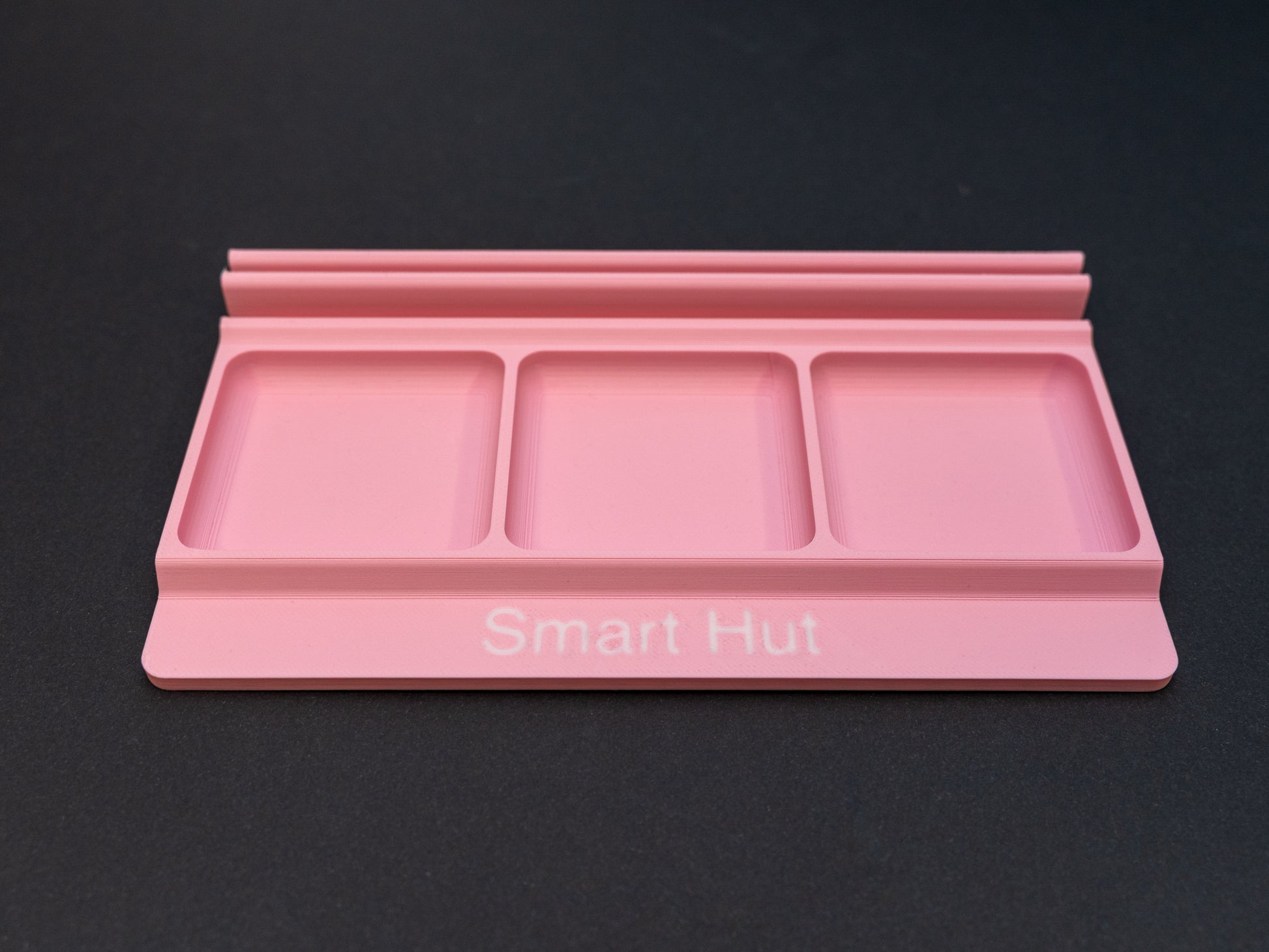 Pink board game card and token holder organiser with 2 rows for cards and 3 trays for tokens. Has space at the front for personalisation photo shows white text, Suitable for a range of board games such as Wingspan, Wyrmspan, Finspan and many more.