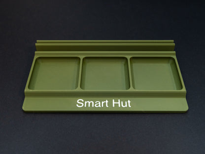 Olive Green board game card and token holder organiser with 2 rows for cards and 3 trays for tokens. Has space at the front for personalisation photo shows white text, Suitable for a range of board games such as Wingspan, Wyrmspan, Finspan and many more.