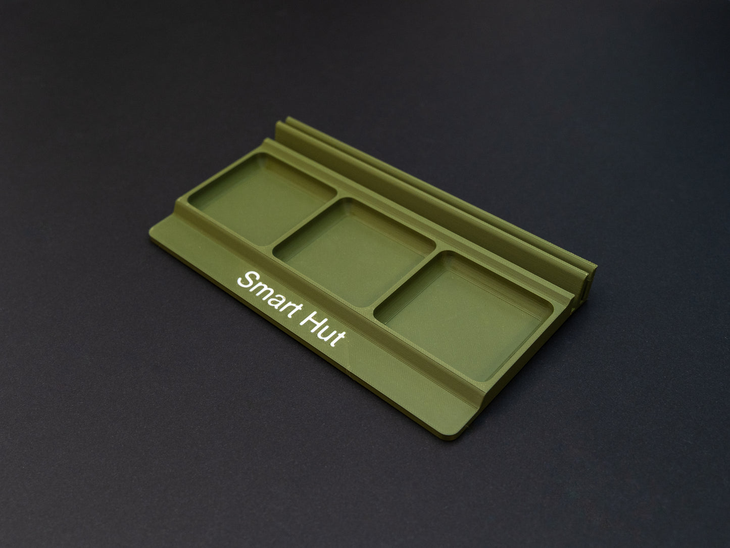 Olive Green board game card and token holder organiser with 2 rows for cards and 3 trays for tokens. Has space at the front for personalisation photo shows white text, Suitable for a range of board games such as Wingspan, Wyrmspan, Finspan and many more.