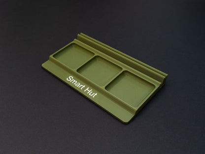 Olive Green board game card and token holder organiser with 2 rows for cards and 3 trays for tokens. Has space at the front for personalisation photo shows white text, Suitable for a range of board games such as Wingspan, Wyrmspan, Finspan and many more.