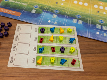 Wingspan bird houses are a player token upgrade for the wooden cubes that come with the original board game. Full set for 5 players in yellow, green, blue, red and purple.