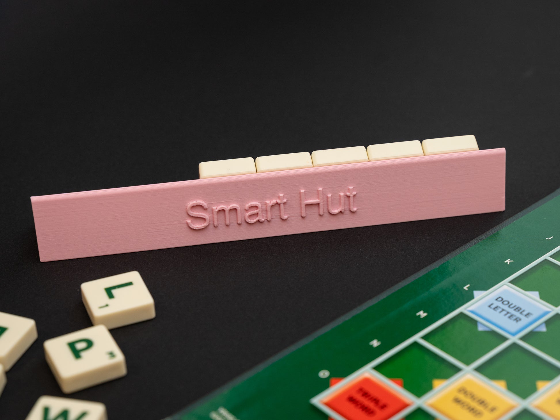 Personalised pink scrabble and bananagrams tile holder. Available in a range of colours - white, black, maroon red, indigo purple, apple green, olive green, pink, hot pink, blue, yellow, brown, bronze and terracotta.