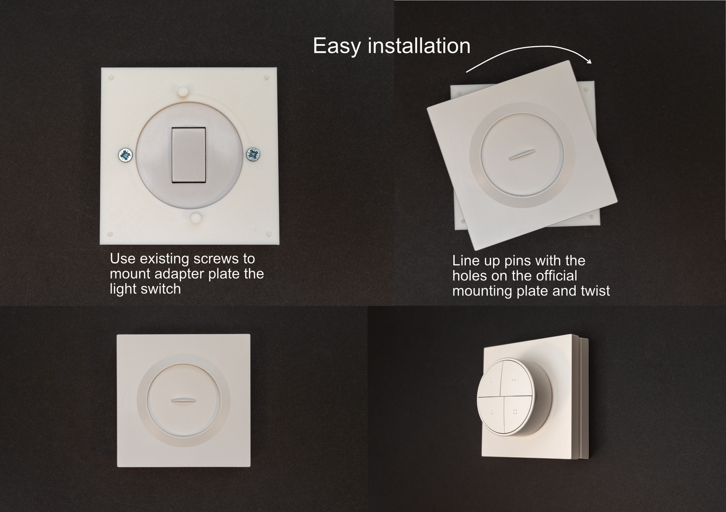 May include: Images showing the installation of a white electrical switch component against a dark background. The text explains how to mount the adapter plate and align the pins. The final image shows the installed switch, with the text 'Easy installation'.