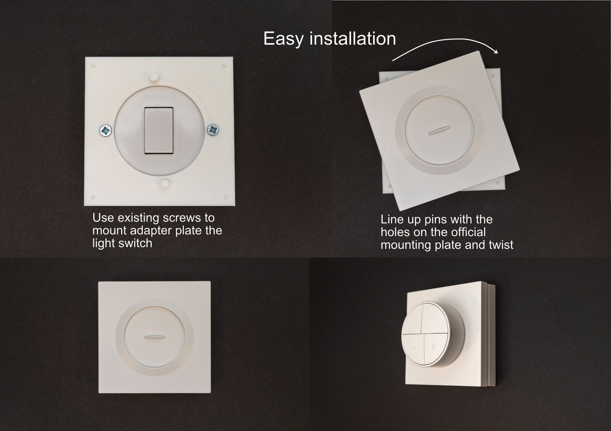 May include: Images showing the installation of a white electrical switch component against a dark background. The text explains how to mount the adapter plate and align the pins. The final image shows the installed switch, with the text 'Easy installation'.