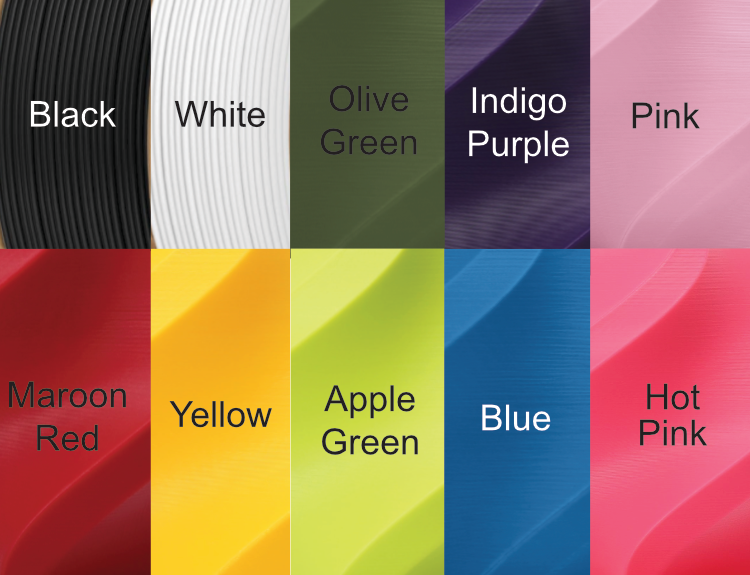 Smart Huts filament colour are available in the following colours: black, white, olive green, indigo purple, pink, maroon red, yellow, apple green, blue and hot pink