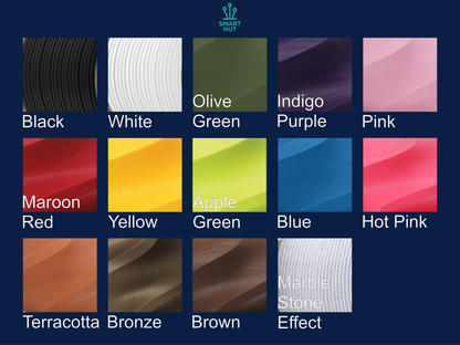 Smart Huts filament colour are available in the following colours: black, white, olive green, indigo purple, pink, maroon red, yellow, apple green, blue, hot pink, terracotta, bronze, brown and marble stone effect white.